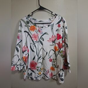 LOFT Women's XL Floral Print 3/4 Sleeve Top, Scoop Neck, 100% Cotton